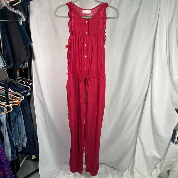 Mustard Seed Red Sleeveless Ruffle Jumpsuit M Button Front Drawstring Waist New - Picture 15 of 15